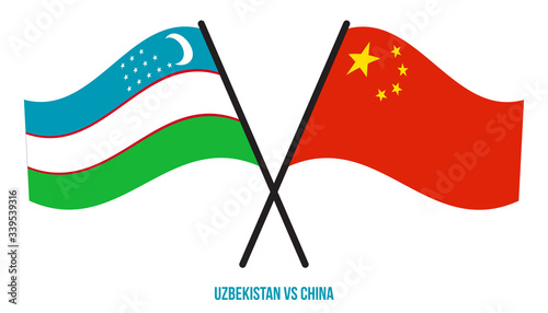 Uzbekistan and China Flags Crossed And Waving Flat Style. Official Proportion. Correct Colors