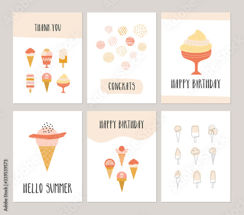 Beautiful cards with ice cream and abstract shapes. Vector summer design.