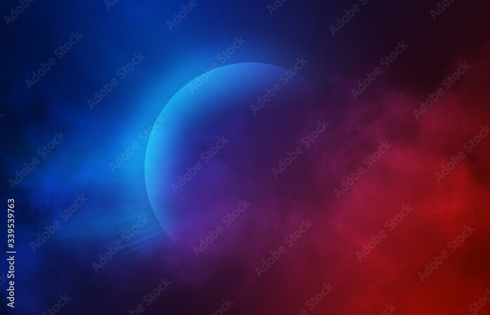 Abstract dark background with blue and pink neon glow. Neon light lines, waves.