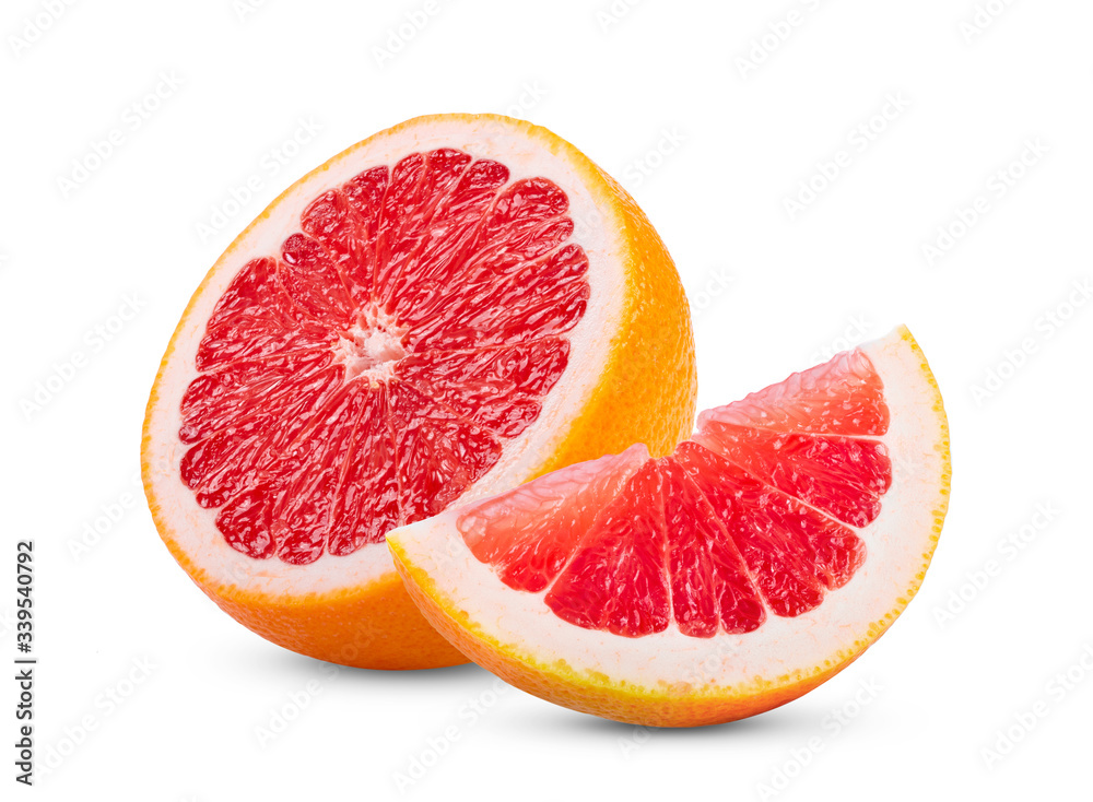 Ripe half of pink grapefruit citrus fruit isolated on white background. full depth of field Ripe half of pink grapefruit citrus fruit isolated on white background. full depth of field