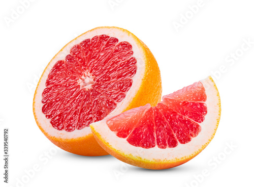 Ripe half of pink grapefruit citrus fruit isolated on white background. full depth of field