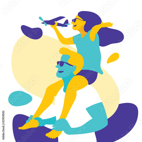 Father and child happy on the beach. Vector illustration.