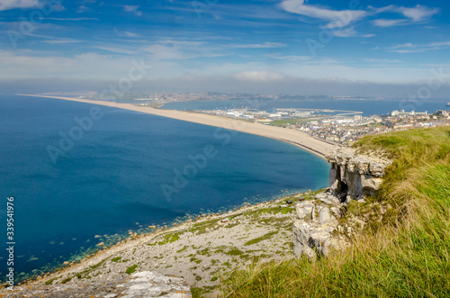 Panorama of Chesil Beach from the Isle of Portland cliff tops, Portland, Dorset, UK