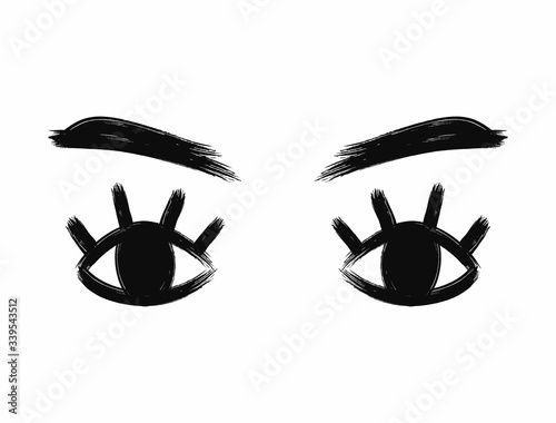 Isolated eyes with brows and lashes drawn with a watercolor brush. Sketch, paint, ink. Vector illustration.