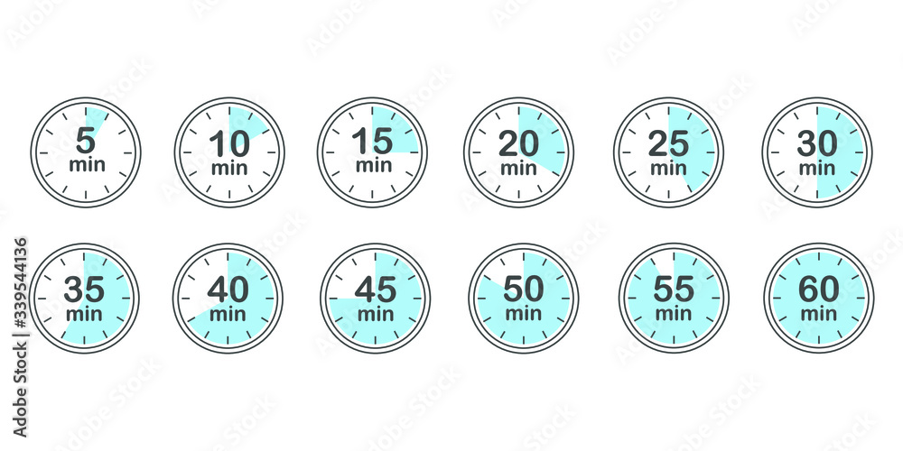 Set of timers. 5, 10, 15, 20, 25, 30, 35, 40, 45, 50, 55, and 60 minutes.  Countdown timer icons set. Isolated vector illustration. Stock Vector |  Adobe Stock