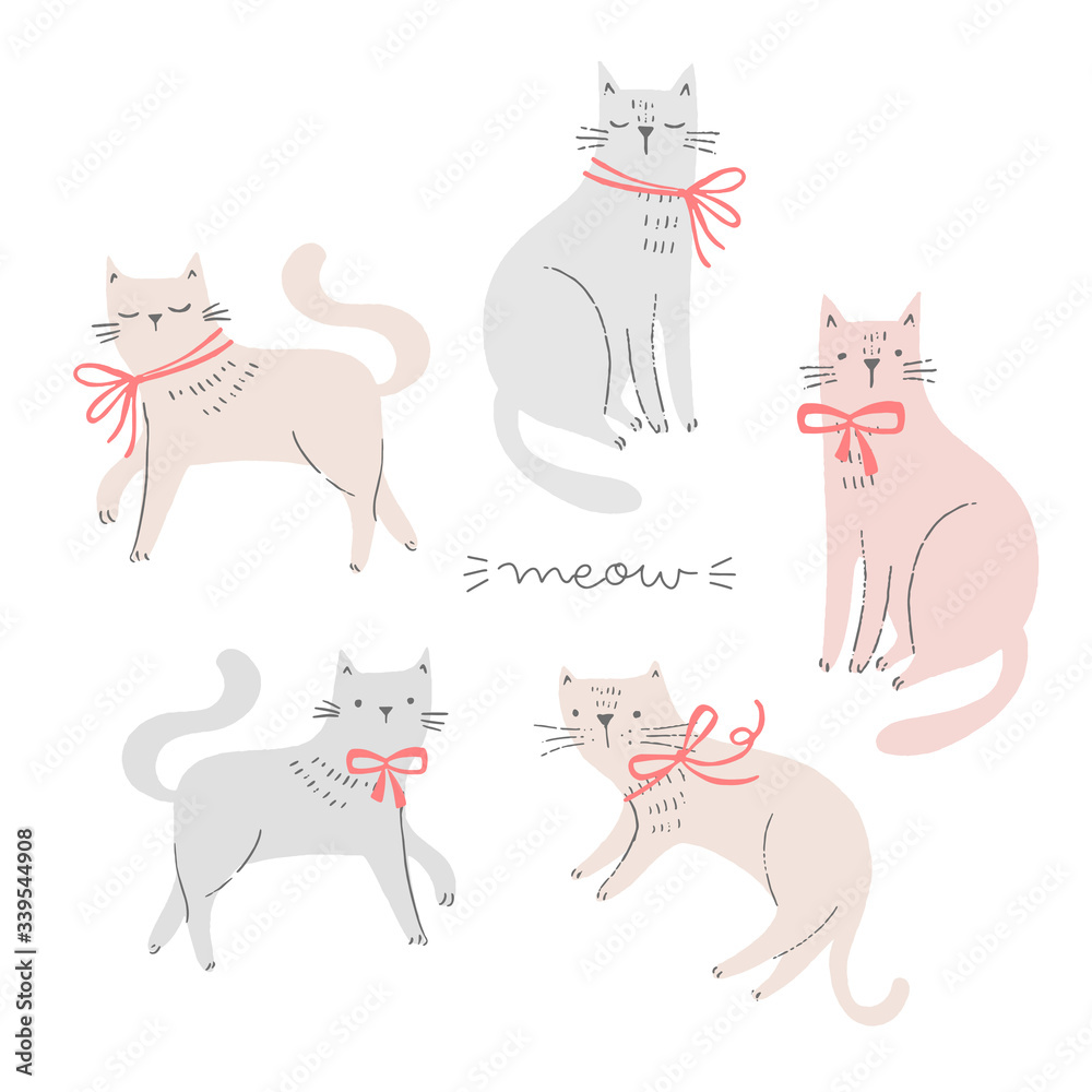 Set of hand drawn cats wearing a bow, ribbon. Elegant cat illustrations. Girl children vector doodle illustration.