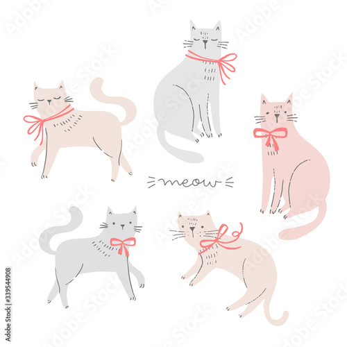 Set of hand drawn cats wearing a bow, ribbon. Elegant cat illustrations. Girl children vector doodle illustration.