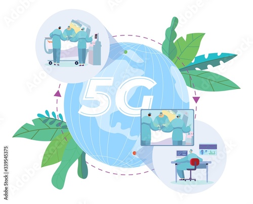 Distance surgery vector illustration. Remote doctor work, virus data sharing worldwide by network, Internet. Doctors in operating room associated with specialist from another continent.