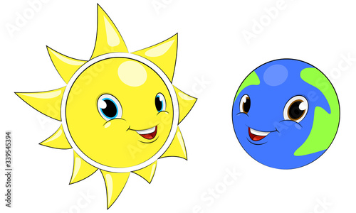 Cute Earth and Sun, planet, satellite and star, Solar system, cartoon characters, vector.