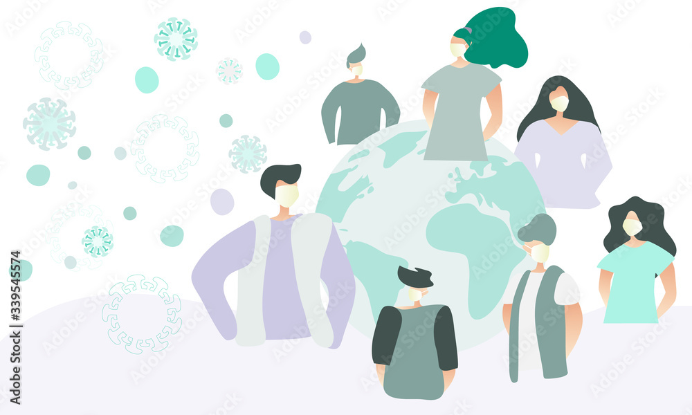 Obraz premium Showing people around the planet wearing medical masks. Global pandemic of Coronavirus Covid-19. Stay healthy, wear mask. Flat vector illustration.