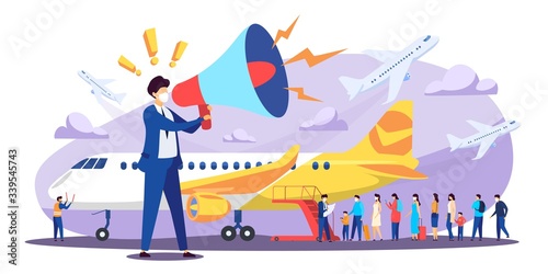 Plane evacuation country citizens to homeland  vector illustration. Virus spread prevention. Preparation for flight  service take passengers on board in turn. Cartoon character with large speaker.