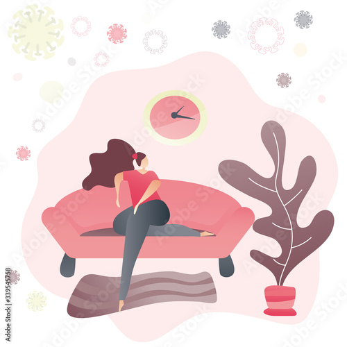 Woman sitting on a sofa and relaxing during Coronavirus epidemic. Stay home and self isolation concept. Positive thoughts and precautions. Vector illustration. 