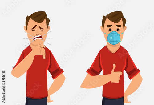 young boy coughing and wearing protective face mask