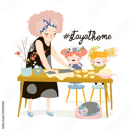 Mother and kids bake together at a kitchen