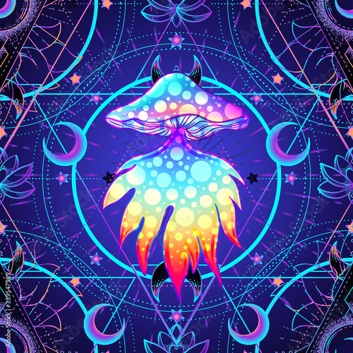 Psychedelic seamless pattern with magic mushrooms over sacred geometry. Vector repeating illustration. Psychedelic concept. Rave party, trance music. Esoteric art.