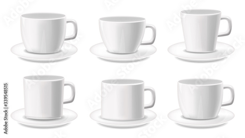 White cups realistic, big set coffee cups isolated, packaging mockup, vector illustration