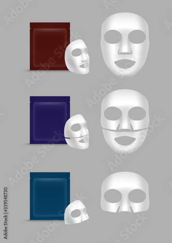 Vector realistic cotton or gel sheet face masks with packs isolated