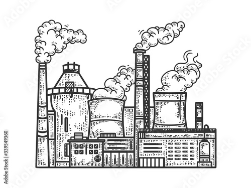 Industrial factory sketch engraving vector illustration. T-shirt apparel print design. Scratch board imitation. Black and white hand drawn image.