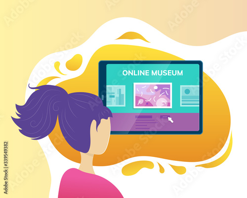 Online museum application. Woman visiting art exhibition with tablet computer at home. Virtual museum and art gallery interactive tour vector illustration. Online education and entertainment.