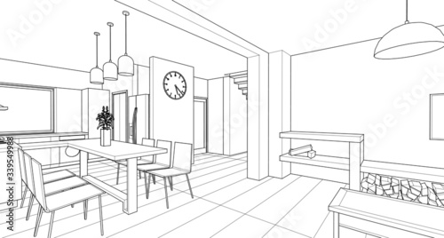 interior kitchen living room 3d illustration