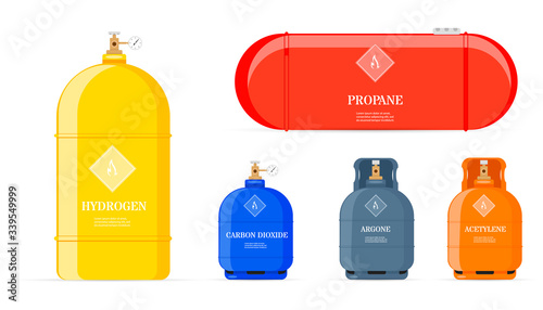 Gas cylinders. Butane helium acetylene propane metal tank cylinder petroleum station tools vector illustrations. Equipment for safe butane and propane, oxygen balloon illustration.