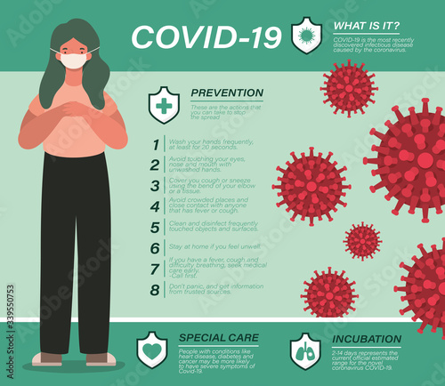 Covid 19 virus prevention tips and girl avatar vector design