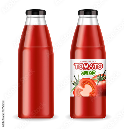 Tomato juice, bottle realistic, organic product, isolated bottle, fresh tomatoes, vegetarian food, vector illustration