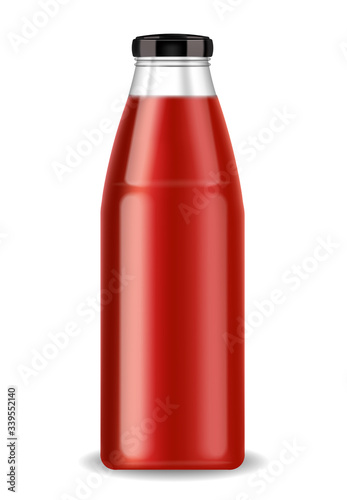Tomato juice, bottle realistic, organic product, isolated bottle, fresh tomatoes, vegetarian food, vector illustration
