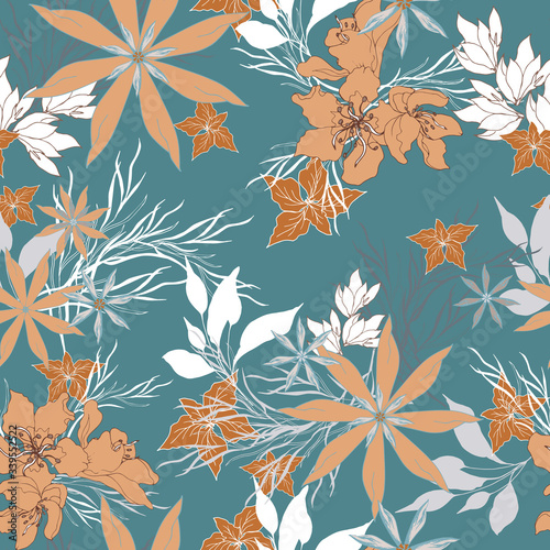 Oriental floral seamless pattern. Textile print with tropical flowers on a blue background. Vector illustration for fabric, home textiles, wallpaper on the wall and bedding.