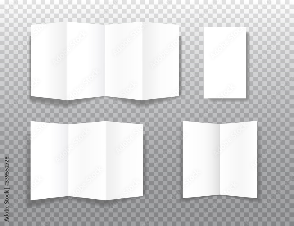 Set of realistic bifold paper brochures on transparent background with soft shadows. White booklet template. Business card design or flyer mock-up. Vector illustration. Set of realistic bifold paper brochures on transparent background with soft shadows. White booklet template. Business card design or flyer mock-up. Vector illustration.