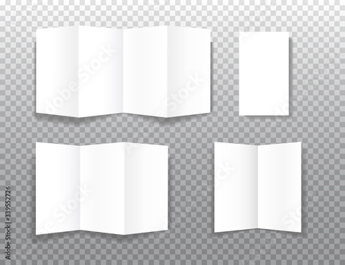 Set of realistic bifold paper brochures on transparent background with soft shadows. White booklet template. Business card design or flyer mock-up. Vector illustration.