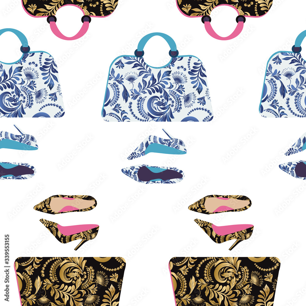 Naklejka premium Fashion handbag with high heel shoes textured floral pattern