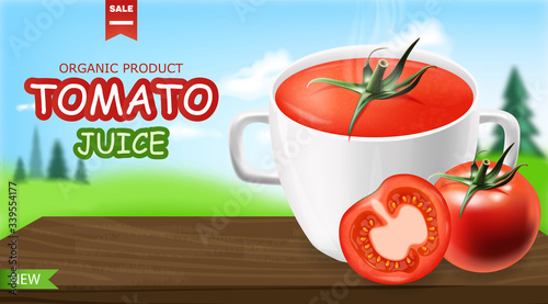 Tomato soup package realistic, instant soup, natural product, fresh tomatoes, isolated packaging, vegetarian food, landscape background vector illustration