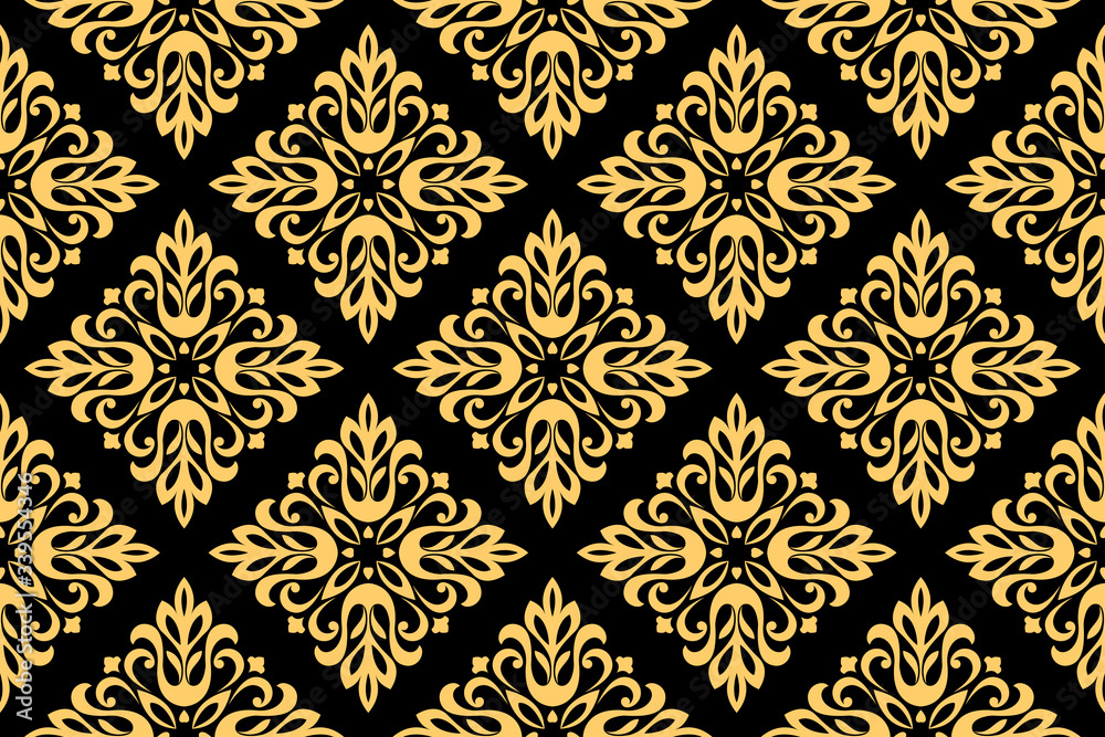 Wallpaper in the style of Baroque. Seamless vector background. Gold and black floral ornament. Graphic pattern for fabric, wallpaper, packaging. Ornate Damask flower ornament