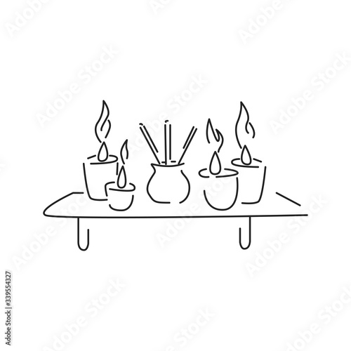 Candles on the table black line icon. Light source. Mostly used for decorative purpose, consisting of wax, tallow. Pictogram for web page, mobile app, promo. UI UX GUI design element. Editable stroke.