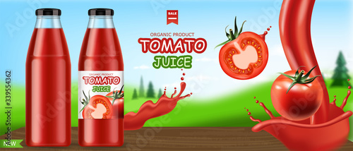 Realistic tomatoes isolated and package juice bottle, fresh product, vegetarian food, pink background, vector illustration