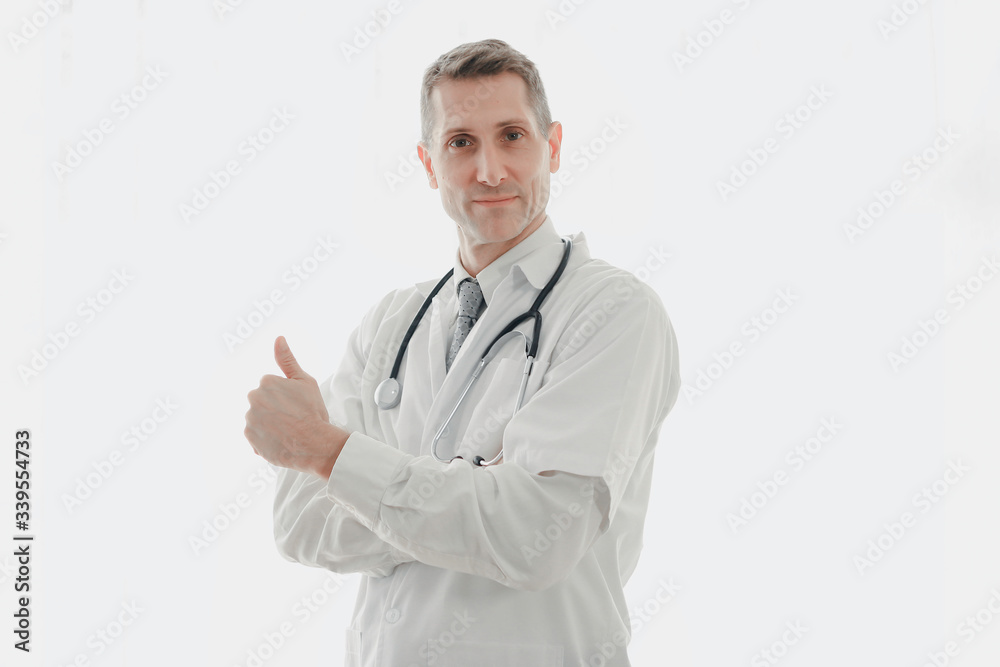 Portrait of doctor with stethoscope on white background, confident medical doctor standing and giving thumb up, medical health care and hospital concept Portrait of doctor with stethoscope on white background, confident medical doctor standing and giving thumb up, medical health care and hospital concept