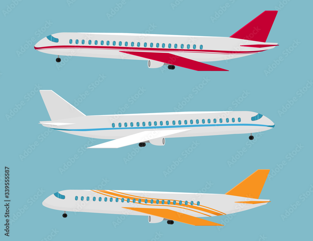 Set of airplanes of different colors and designs. Airplane for flights.  Aircraft flight travel, aviation wings and landing airplanes