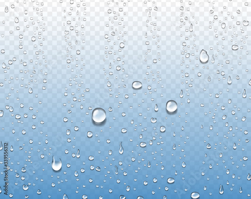 Vector raindrops on glass. Droplets on transparent window. Realistic pure water drops condensed. Vapor bubbles