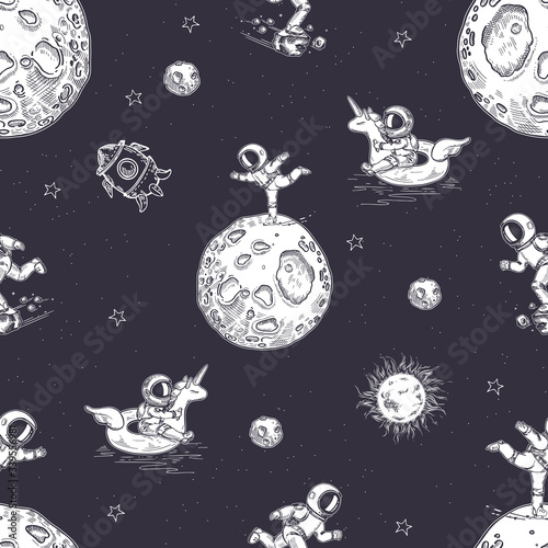 Rocket, asteroids and the moon. Space objects. Space background