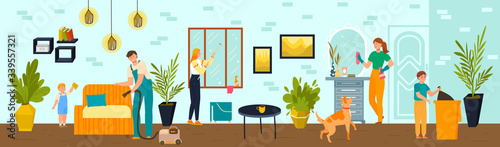 Family make spring cleaning at home together, vector illustration. Housework with kids and parents, quarantine house disinfection. Characters wash window, collect dust, throw out garbage.