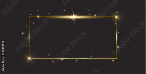Golden frame with lights effects. Shining rectangle banner. Isolated on black transparent background. Vector illustration, eps 10