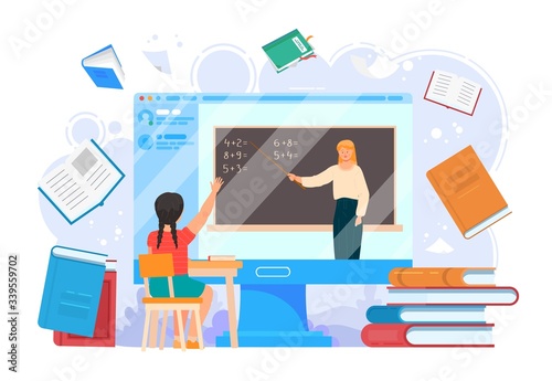School home education online lesson vector. Computer screen with teacher and girl education on laptop illustration. Internet young student learning technology, course at university adult woman webinar