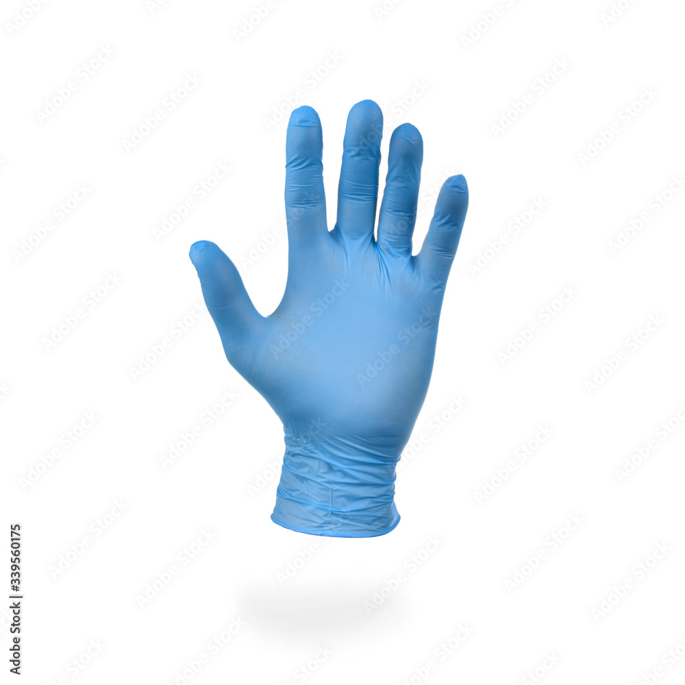 Hand in blue medical glove isolated on white background.
Hand in blue medical glove isolated on white background.