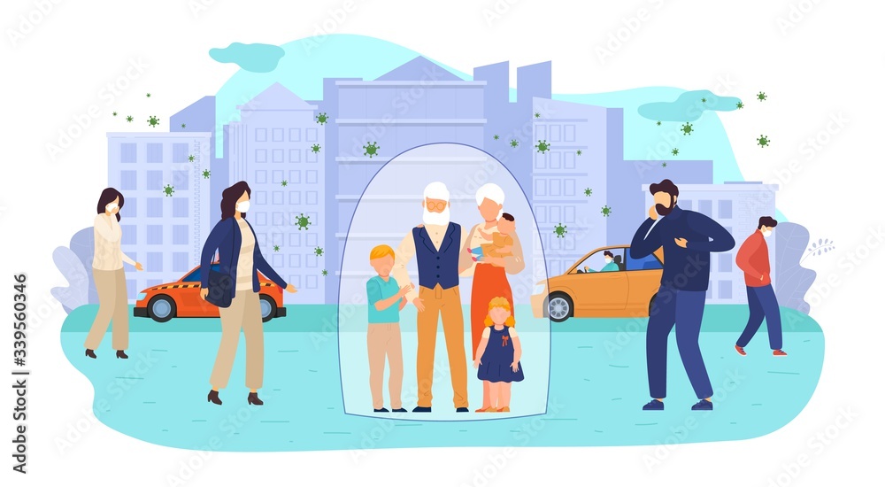 Children and eldery people at risk for virus infection vector illustration. Protect high group risk characters. Elderly couple with children under protection dome in city with virus infected air. Children and eldery people at risk for virus infection vector illustration. Protect high group risk characters. Elderly couple with children under protection dome in city with virus infected air.