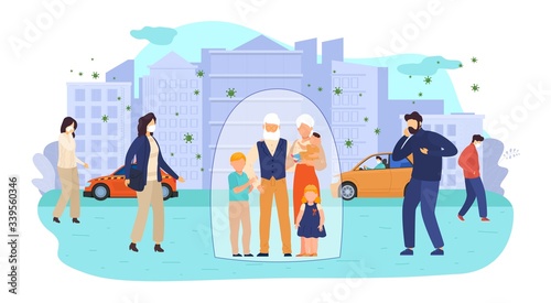 Children and eldery people at risk for virus infection vector illustration. Protect high group risk characters. Elderly couple with children under protection dome in city with virus infected air.