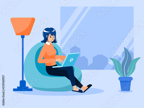 Freelance girl working on laptop at house.Work at home concept.vector illustrator flat design.