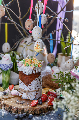 Easter composition with Easter cake and eggs