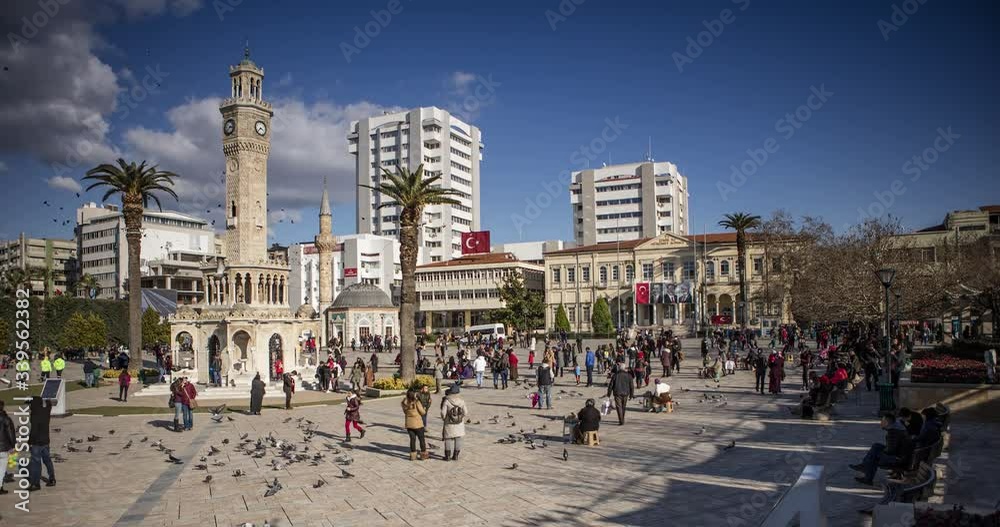 Izmir clock tower in Konak Square, Turkey. Izmir City Landscape.  4K Footage in Turkey