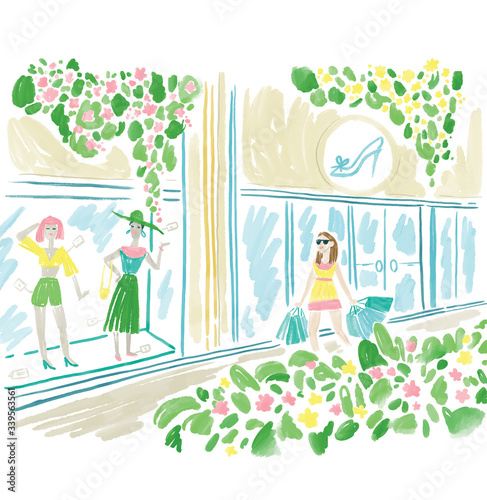 Illustration of young woman shopping in spring